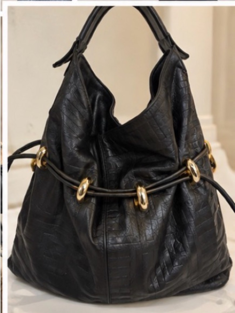 Andre Oliver Black Leather Hobo with Gold Rings